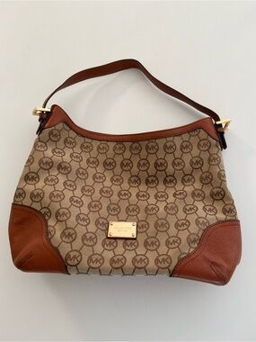 Michael Kors Beige Signature Canvas Shoulder Bag with Brown Leather Trim